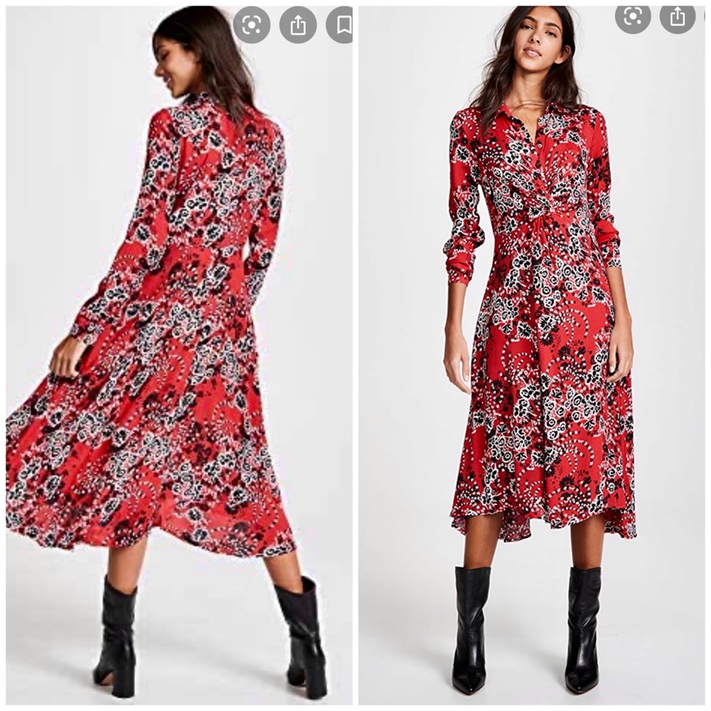 Free People Red Floral Long Sleeve Midi Dress